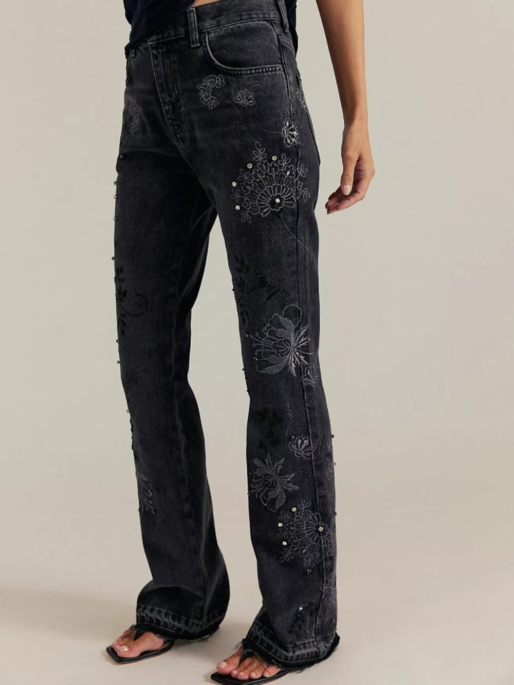 Free People We The Free Irie Embroidered Studded Jeans - Phantom Black - Size 28